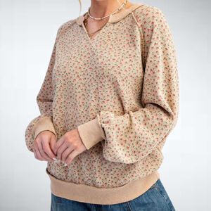 Easel Ditsy Flower Print Thermal Pullover Top in Cream Size S